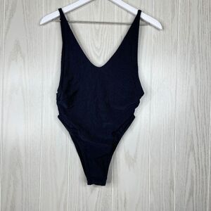 Ris-K Deep Scoop Back One Piece Lined Ribbed Swimsuit Women's Black Size Large